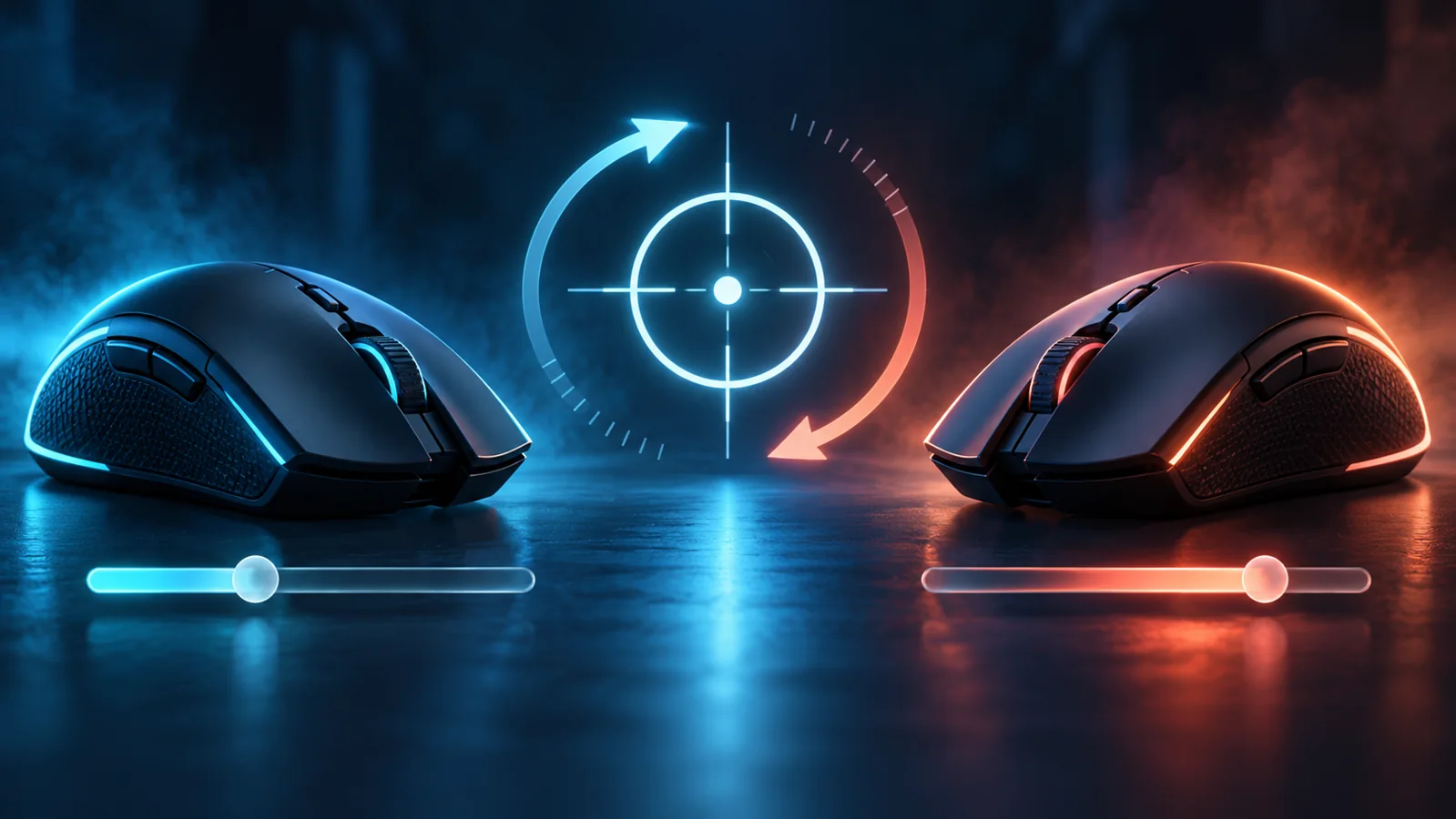 Two unbranded mice with sensitivity sliders and a central aiming marker.