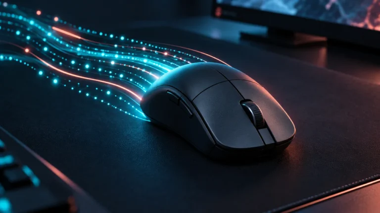 Unbranded graphite gaming mouse with abstract cyan and coral signal trails on a dark desk.
