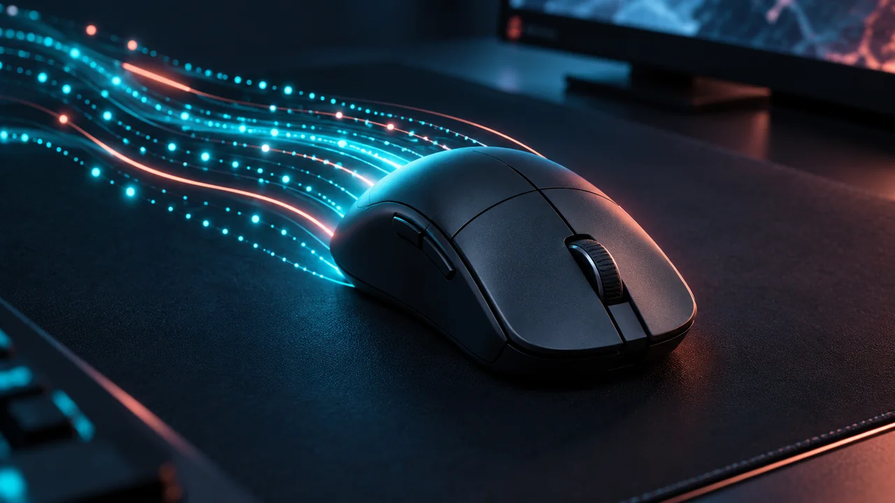 Unbranded graphite gaming mouse with abstract cyan and coral signal trails on a dark desk.