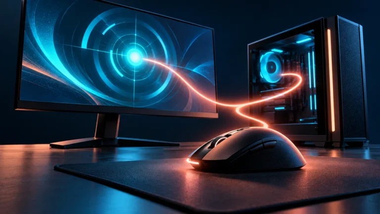 Conceptual gaming desktop with a coral light path linking an unbranded mouse, computer and abstract cyan monitor.