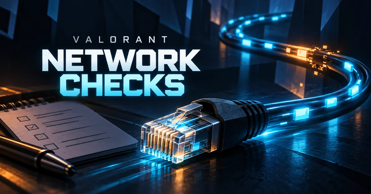 Conceptual Ethernet cable and packet path beside a notebook, illustrating VALORANT network checks.