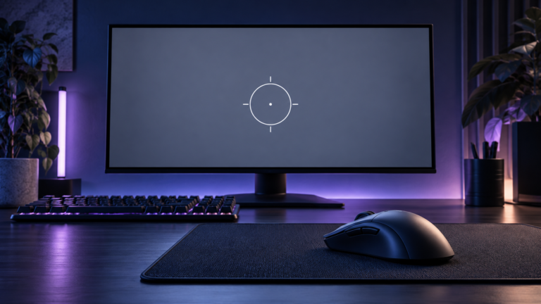 Original illustration of a monitor with a circular aiming symbol beside a keyboard and mouse.
