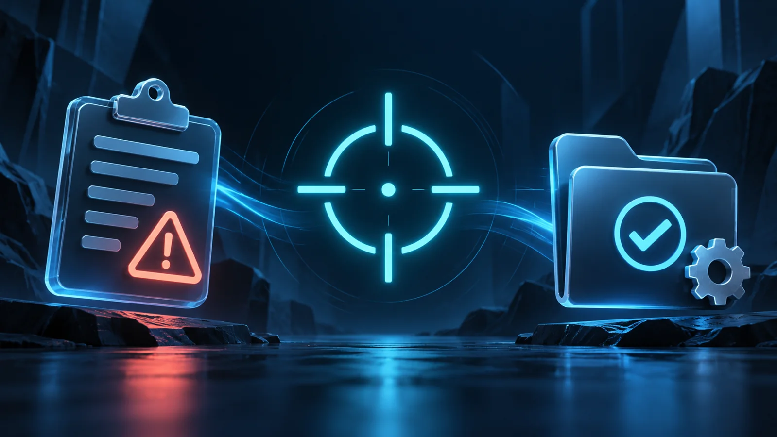 Conceptual crosshair import check with a warning clipboard and saved-profile folder.
