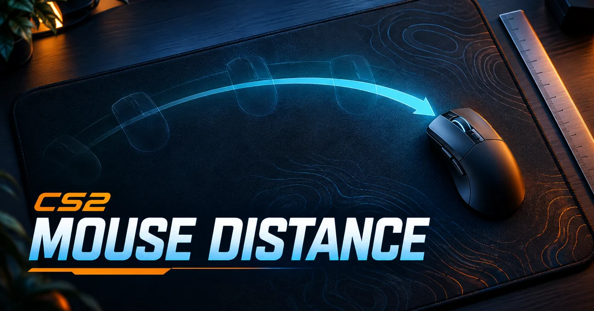 Conceptual mouse moving across a mousepad beside a ruler, illustrating physical mouse-distance measurement.