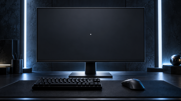Original illustration of a monitor with a small white aiming dot above a keyboard and mouse.