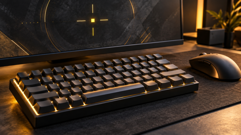 Original illustration of a compact keyboard and mouse with warm amber lighting and an aiming symbol.
