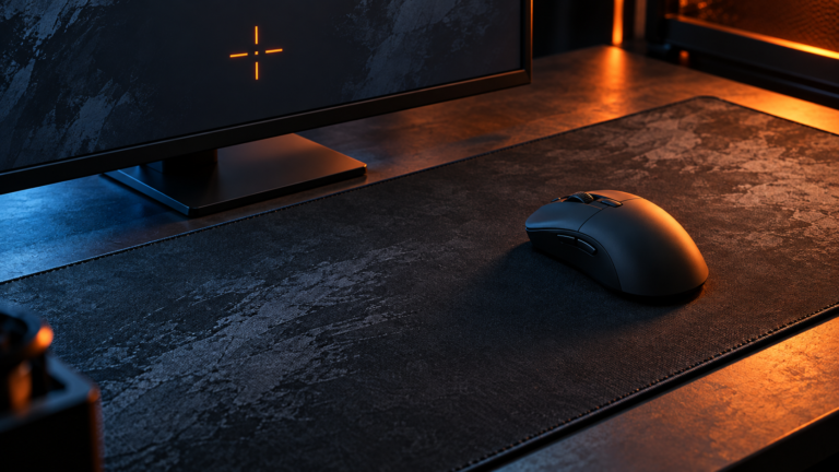 Original illustration of a mouse on a textured pad below a monitor with an orange aiming marker.