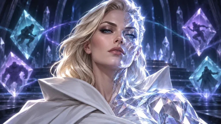 Original illustration of Emma Frost with a half-diamond face and a dark crystalline arena