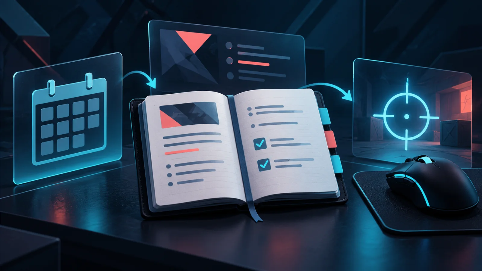 Conceptual patch review notebook with a calendar, mouse and aiming marker.