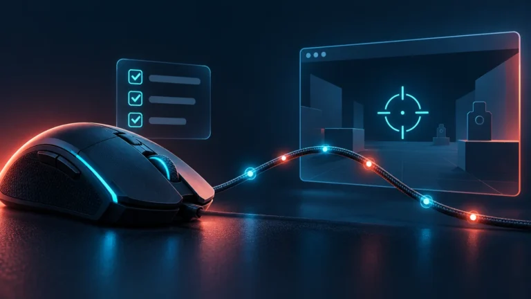 Conceptual illustration of a gaming mouse, input signal and aiming display.