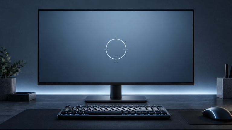 Original illustration of a monitor with a thin aiming ring and a keyboard on a slate-colored desk.