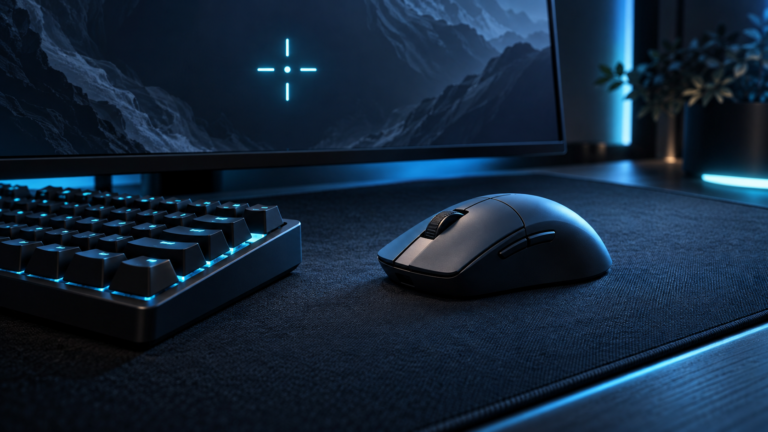 Original illustration of an unbranded mouse, keyboard and cyan aiming marker on a dark gaming desk.