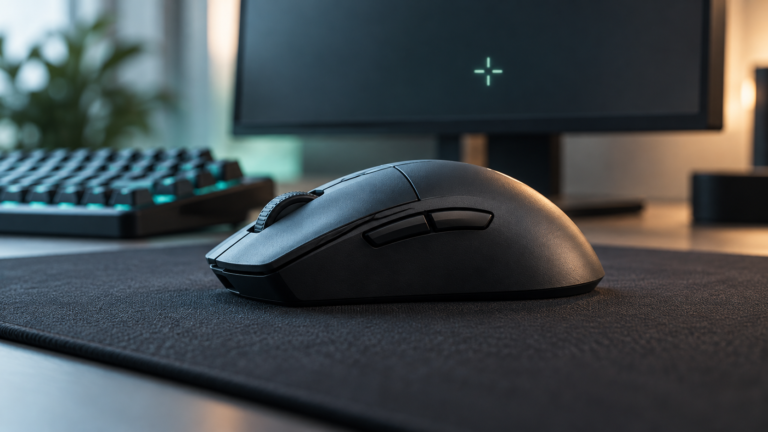 Original close-up illustration of an unbranded mouse with a softly blurred keyboard and aiming display.